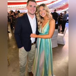 Luxxel size small maxi slit dress green and yellow tool